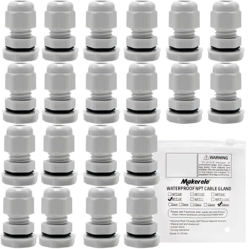 Image of MAKERELE NPT 1 /4 inch Cable Glands IP68 Waterproof Strain Relief Cord Connector | 1 /4 Inch 20PC, Grey Nylon Plastic Connectors, Adjustable 3-6.5mm Cord Gland Wire Grommet, for Electrical Junction Box