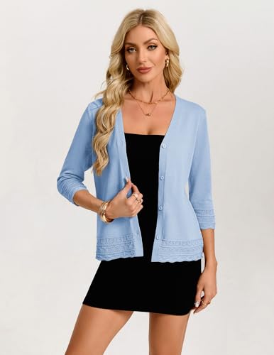 GRACE KARIN Women's 3/4 Sleeve V Neck Top Button-up Lightweight Cardigan Sweater Summer Cardigans for Women(Blue,Small) — view 5