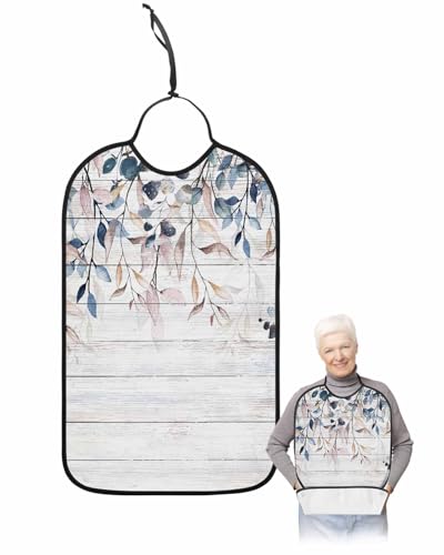 LEOKOTI Blue Brown Eucalyptus Leaves Adult Bibs for Eating, Waterproof Bibs with Food Catcher & Adjustable Snap Closure, Vintage Pastoral Botanical Washable Clothing Protectors Adult Bibs for Elderly