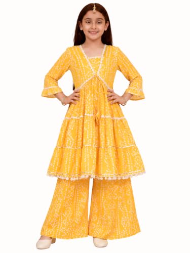 Image of Preneum Girl's Cotton Rayon Bandhani & Lahariya Printed Angrakha Kurta with Sharara & Dupatta