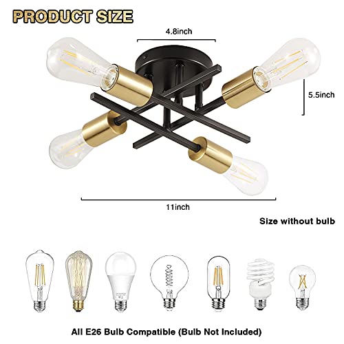 Jqire 4 Lights Semi Flush Mount Ceiling Light Fixture,Modern Gold & Black Brushed Metal Sputnik Chandelier Industrial Ceiling Lighting Lamp For Farmhouse Kitchen Hallway Dining Room Bedroom,E26 Base #TOP1