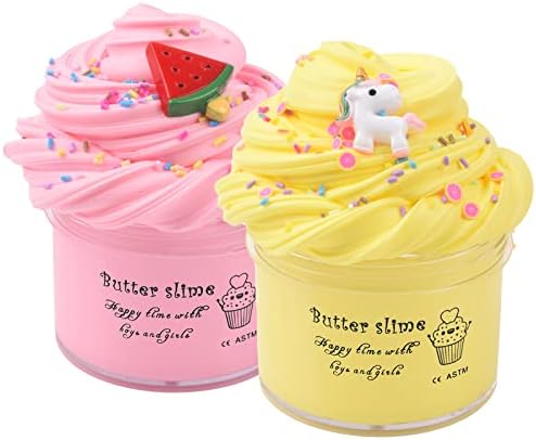 Basywiim 2 Pack Butter Slime Kit, Soft and Non Sticky Fluffy Slime, DIY Stress Relief Toy for Kids Education - Best Toys Gifts