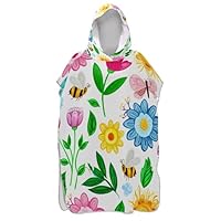 Colorful Flowers Bees Butterflies Surf Poncho for Adult Changing Robe Hooded Beach Towel Print Lightweight Womens Ponchos with Hood