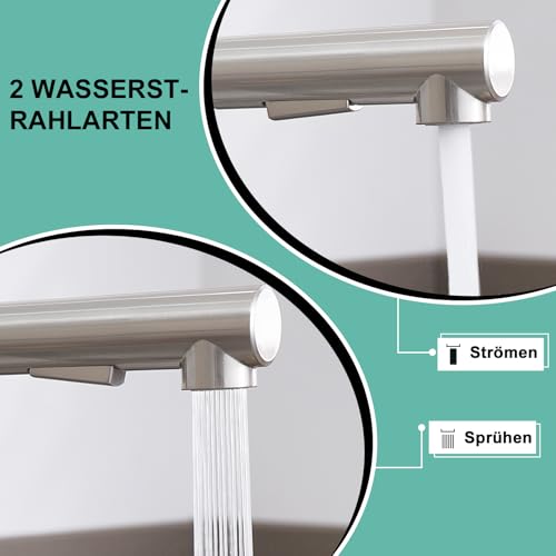 BONADE Niederdruck Armatur Küche Ausziehbar, Wasserhahn Küche mit Brause Zwei Wasserstrahlarten, Edelstahl Niederdruck Küchenarmatur, 360° Drehbar Mischbatterie Küche für Boiler, Gebürstet