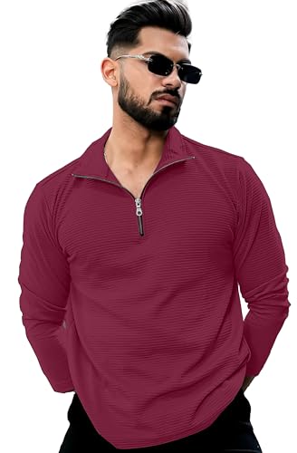 Image of KAJARU Men's Quarter Zip Pullover T-Shirt, Textured Ribbed Long Sleeve, Casual Mock Neck