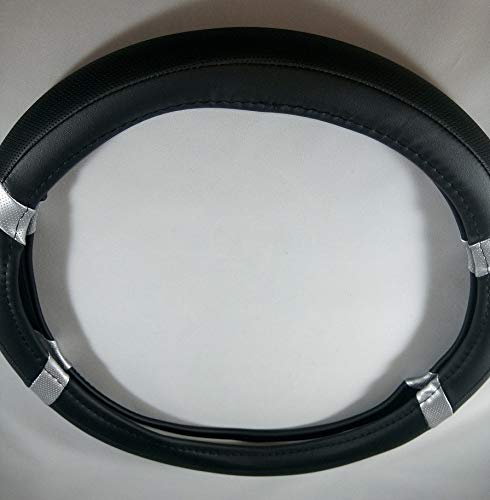 Jdragon Black & Silver Pu Leather Best Grip Slip-On Steering Wheel Cover 14.25-15" Diameter #TOP4