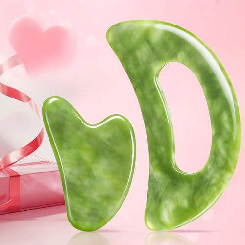 Image of 2 PCS Jade Stone Gua Sha Massage Tool Set Body GuaSha Tool with Handle Muscle Scraping Massage Tools Facial Anti Cellulite Spa Acupuncture Tools for Massage, Lymphatic Drainage Valentine's Day Gifts