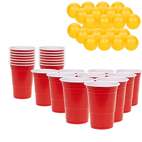 KEPLIN Jeu de Gobelet et de Balle en Plastique - 48 Pièces I Gobelets Rouges Réutilisables et Balles de Ping-Pong I Jeu Américain Amusant pour Adultes I Barbecue, Anniversaire, Halloween, Noël, etc.