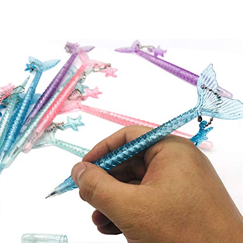 Maydahui 12PCS Cute Mermaid Shape Rollerball Pen Fish Pens Creative Crystal Flash Powder Starfish Pendant Signature Pen Black Gel Ink Design for Girls Women Student