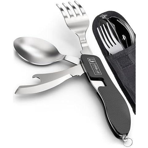 Orblue 4-in-1 Camping Utensils, 2-Pack, Portable Stainless Steel Spoon, Fork, Knife & Bottle Opener Combo Set - Travel, Backpacking Cutlery Multitool, Black Cover