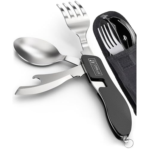 4-in-1 Camping Utensils - Stainless-Steel Spoon, Fork, Knife and Can/Bottle Opener with Case (2-Pack)