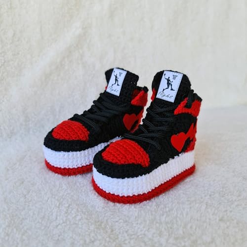 Jordan Retro Crochet Baby Basketball Sneakers – Organic Knit High-Top Infant Kicks (0–3M–9–12M) – Soft Non-Slip Shoes – Custom Baby Shower & Gender Reveal Gift Black