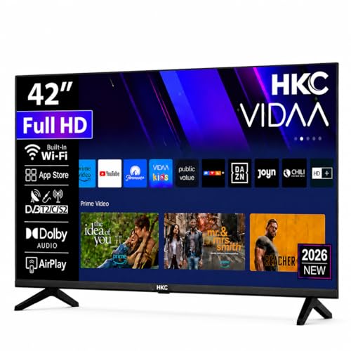 HKC Smart TV 42 Pouces (107 cm) FHD, sans Bord Connectée Télévision avec WiFi, App Store, Triple Tuner(DVB-T/T2, DVB-C, DVB-S/S2), AirPlay (H42Q1LF-V, 2026)