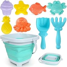 USATDD Beach Toys for Kids with Collapsible Bucket, Sand Molds Rake and Shovel, Collapsible Beach Bucket Travel Sand Toys for Toddlers Kids