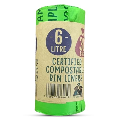 Eco Green Living 6 Litre Compostable Bin Liners, Plastic Free & Recyclable Caddy Bags for Food Waste, Leak Resistant Small Bin Liners, 36 x 66 cm - 30 Bags