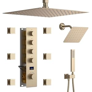 Brushed Gold Shower System Digital Thermostaic Shower Faucet Set 12 Inch Ceiling Full Body Shower Head & 8 Inch Wall Mount Luxury Dual Rain Shower Head System with 6 Body Jets, Handheld Spray