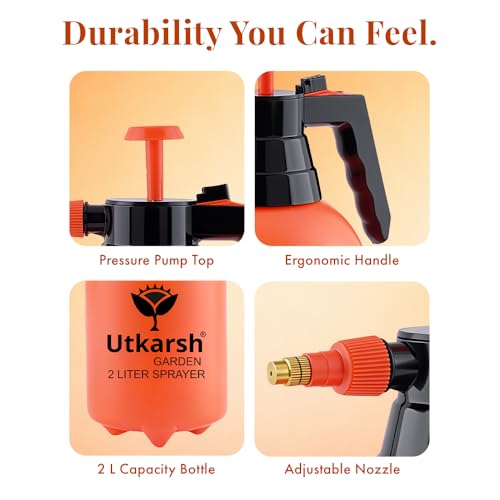 Image of Utkarsh Spray Pump for Plants 2 L - Orange | Garden Sprayer with Adjustable Brass Nozzle | Plastic Water Spray Bottle for Gardening, Car & Bike Wash | Leak-Proof, Easy-Fill Water Sprayer, Pack of 1