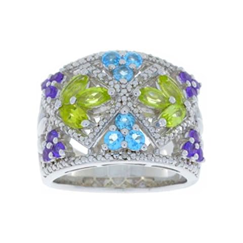 Elizabeth Jewelry Amethyst Peridot Blue Topaz & Diamond Ring .925 Sterling Silver Rhodium Finish Cover