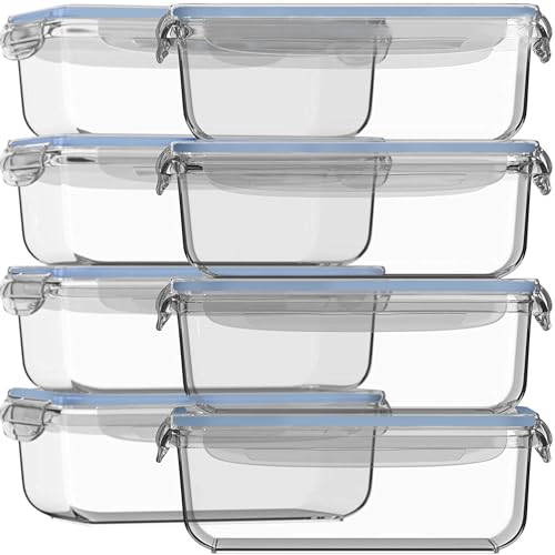 Image of Razab 16 Pc (Set of 8) 30 Oz Glass Meal Prep Containers with Lids, Airtight Large Glass Food Storage Containers, Reusable Leak Proof BPA Free, Freezer to Oven and Dishwasher Safe