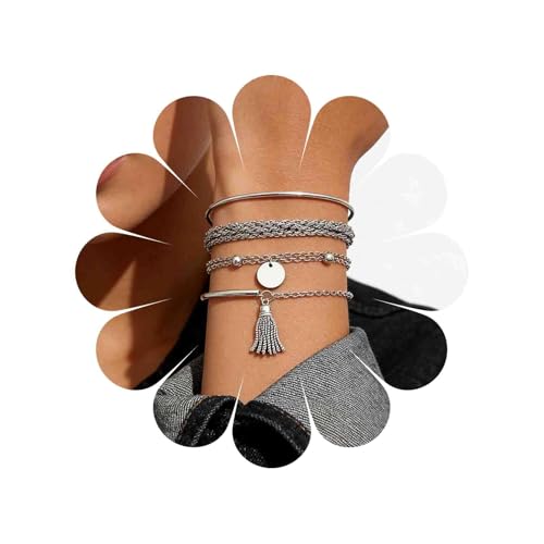 Image of Branets Boho Layered Tassel Bracelets Set Silver Beaded Bracelet Sequins Bracelet Jewelry Accessories for Women and Girls