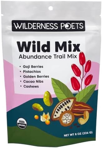 Wilderness Poets, Abundance Wild Mix - Organic Raw Superfood Blend (8 Ounce) Cashew, Pistachio, Goji Berry, Cacao, Golden Raisin, Golden Berry Trail Mix