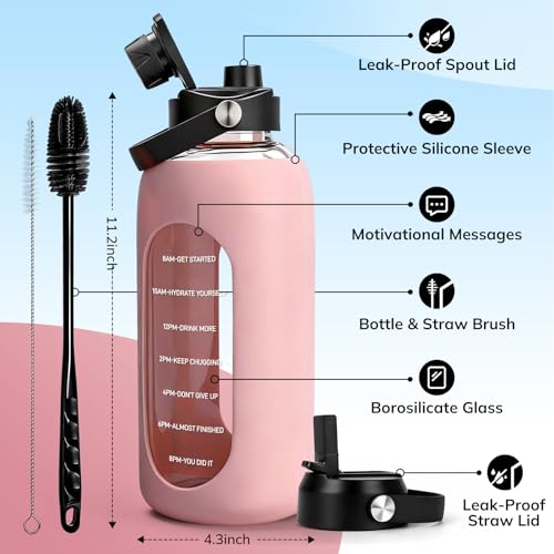 Image of Aqulea 64oz oz Glass Water Bottle with 2 Lids - Spout & Straw Lids, Borosilicate Glass Water Bottle with Time Marker & Silicone Sleeve, Leakproof
