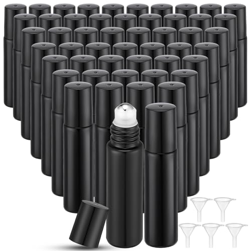 Image of Sumind 150 Pcs Essential Oil Roller Bottles 10 ml Glass Empty Roll on Bottles with Stainless Steel Balls Leak Proof with 5 Funnel for Travel Essential Oil(Black)