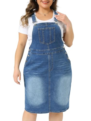 Image of Agnes Orinda Plus Size Denim Overall Dress for Women Vintage Adjustable Strap Pinafore Bib Jean Dresses with Side Pockets