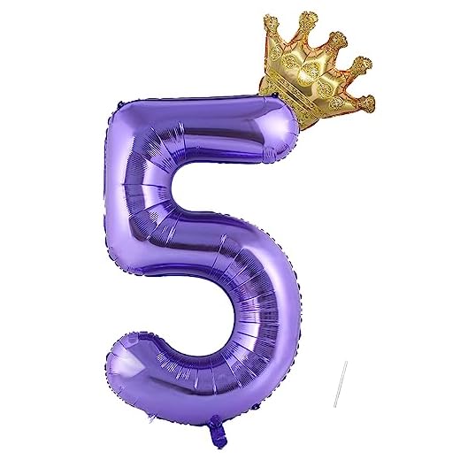 Foil Globo Numero 5, VUCDXOP 101 CM Violeta Globo de cumpleaños 5 con Corona, globos de helio número 5, Decoracion 5 Cumpleaños Niños, Globos Numeros Gigantes para Fiestas, Vuelan con Helio