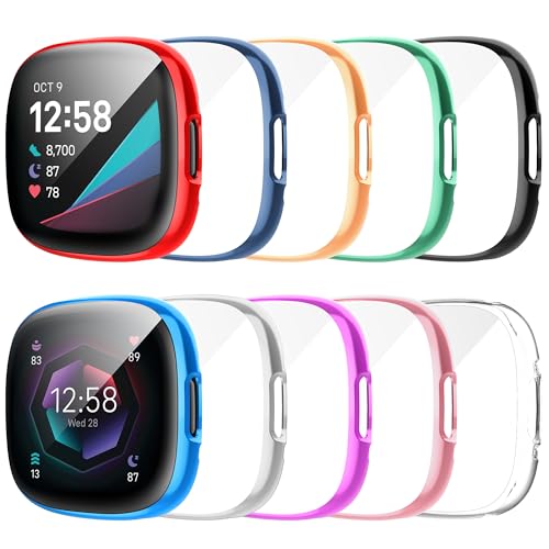 Tiorecime 10 Pack Screen Protector Case for Fitbit Sense 2/Versa 4 Shockproof Soft TPU Cover All-Around Scratch Resistant Protective Case Compatible with Versa 4/Sense 2 Smartwatch