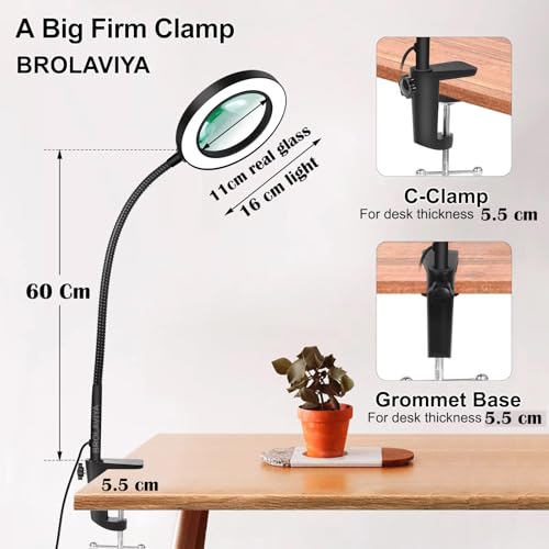 Image of BROLAVIYA Overhead 5X Magnifying Glass with Led Light and Stand, 3 Color Modes Dimmable, Flexible Hose Metal Arm, Magnifier Desk Lamp for Crafts, Makeup, Reading, Photography - Black