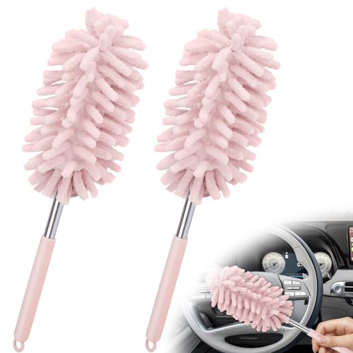 2 PCS Car Interior Duster with Extension Pole, Microfiber Car Duster with Bendable Head, Car Accessories Dusters Exterior&Interior Scratch Free, for Cleaning of Vehicle Details, Offices, Windows(Pink)