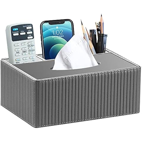 Multifunctional Tissue Holder,PU Leather Tissue Cover,Rectangular Decorative Tissue Box, Desk TV Remote Control Organizer for Cell Phone,Controller,Stationery,Pen,Kleenex,Home,Office,Car,Restaurant Cover