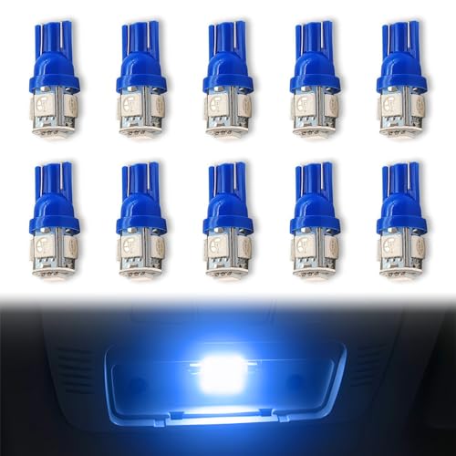 ABOTHGD 10 Pieces 194 LED Bulb 6000K T10 168 2825 W5W 5SMD 5050 Chipsets Super Bright LED Replacement for Car Dome Map Door Courtesy License Plate Side Marker Lights (Blue)