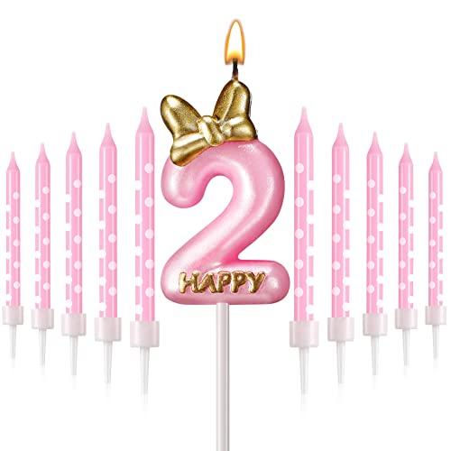 Roowest 11 Pcs Pink Birthday Candles for Girl Cake Topper Decor, Number 2