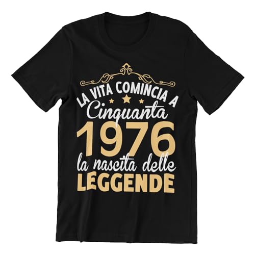 Vulfire Maglietta Uomo 50 Anni Compleanno Idea Regalo Originale per Festa Cinquantesimo, Nato nel 1976, La Vita Comincia a Cinquanta, Nascita delle Leggende (IT, Testo, M, Regular, Regular, Nero)