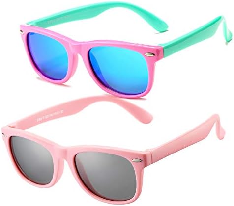 AZorb Kids Polarized Sunglasses TPEE Rubber Flexible Frame for Boys Girls Age 3-10, 100% UV Protection (Pink Green/Blue Mirror + ALL Pink)
