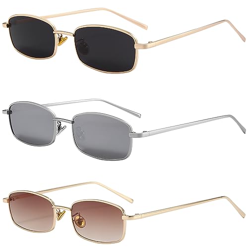 Dollger Retro Rectangle Sunglasses for Women Men Square Narrow Hip Hop Small Frame Sun Glasses, Black,silver,brown, one size fits most