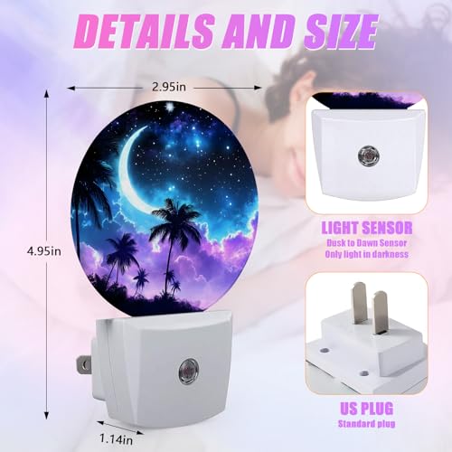 Image of Palm Tree Night Light Purple Blue Night Moon Night Lights LED Lamp Round Plug into Wall Nightlight with Dusk to Dawn Sensor Home Hallway Stairway Kitchen Decor