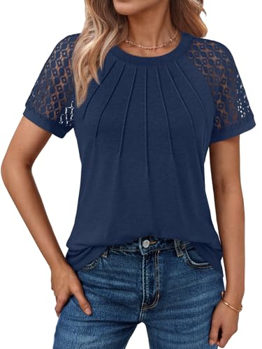 AUTOMET Women's Lace Short Sleeve Business Casual Top, Blouse with Unique Front Seam Detail Shirts Navy M