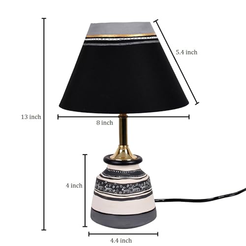 Image of AAKRITI ART CREATIONS Terracotta Table Lamp for Study Room, Bedroom & Living Room Decoration | Warli Black Pottery Floral Bedside Lamp with Cotton Fabric Shade | Aesthetic Night Lamp