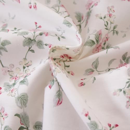 Image of VM VOUGEMARKET Pink Ruffle Floral Duvet Cover Set Queen,Peach Pink Flower Bedding Set 100% Cotton Reversible Pink Stripes Duvet Cover with Zipper & Ties,90 inchx90 inch