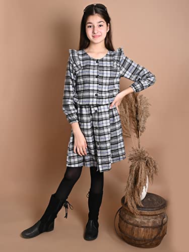 Image of LILPICKS Girls Checkered Print Button Down Long Sleeve Fit n Flare Dress (Grey Black)