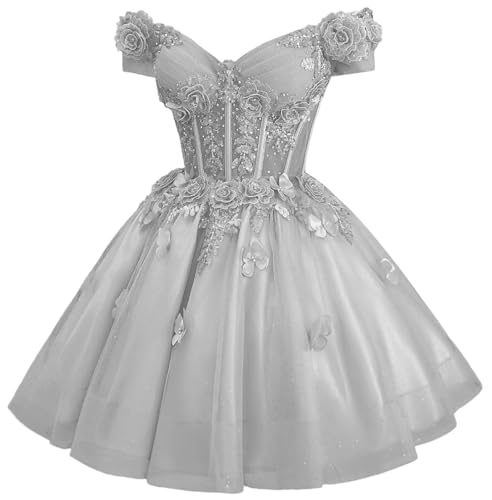Image of Zhangyo Sparkly Tulle Homecoming Dresses for Teens Off Shoulder DAMA Dress | Sparkly Tulle Homecoming Dresses, for Teens, Off Shoulder DAMA Dresses for Quinceanera, 3D Butterfly Short Ball Gown