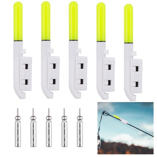 Fishing Rod Light,5pcs Fishing Bite Alarm Rod Tip Lights Green Luminous LED Glow Sticks with Buckle for Night Fishing Portable Waterproof Alerter Tackle Sea Fishing Lightning Accessories