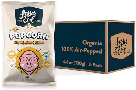 LesserEvil "Himalayan Gold" Organic Popcorn, Amazon Exclusive, Premium Quality, Minimally Processed, No Vegetable Oil, 4.6 Oz, Pack of 3. Includes 1 Guru Sticker