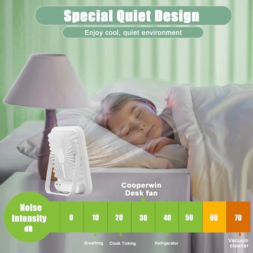 Cooperwin Travel Fan for Sleeping, 6.8" Small Portable Fan Rechargeable Battery Powered, 100 Speeds Personal Mini Desk Fan for Office Bedroom, Cruise Ship Beach Vacation Travel Essentials, White by Cooperwin - Image 3