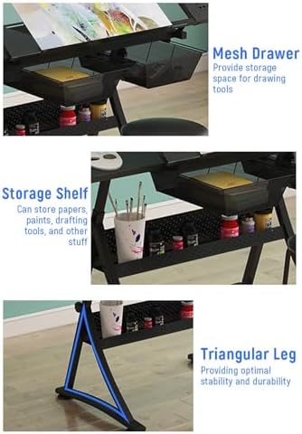 Adjustable Modern Drafting Desk with Glass Top, Storage Drawers & Shelves - Ideal for Artists & Architects, Black with 2 Side Trays for Tracing & Drafting.