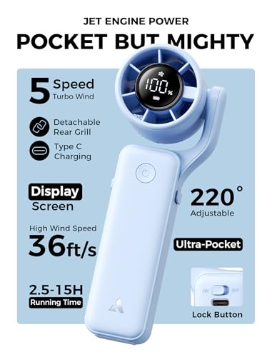 Image of Aecooly Ultra-Pocket Portable Handheld Turbo Fan, 5 Gear Jet Force Airflow, Up to 15 Working Hours, USB Rechargeable Personal Battery Operated Mini Fan, for Travel /Outdoor /Vacation /Concerts -Blue