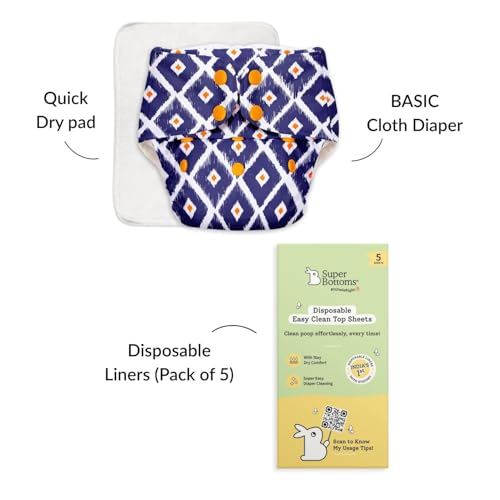 Image of SuperBottoms BASIC Cloth Diaper with UltraThin Dry Pad & 5 Disposable Easy Clean Top Sheets | Reusable & Washable | Adjustable Fit for Babies 3m-3y
